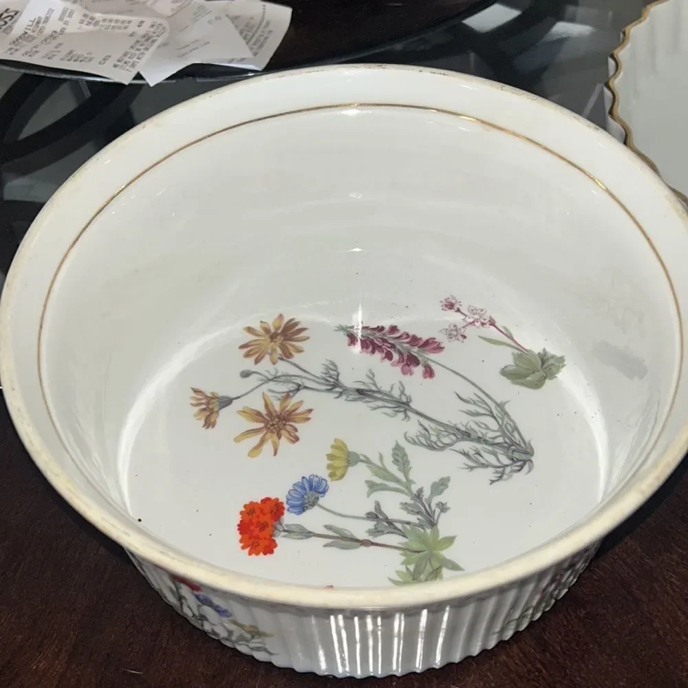 Lourioux France LE FAUNE soufle bowl wildflowers gold trim